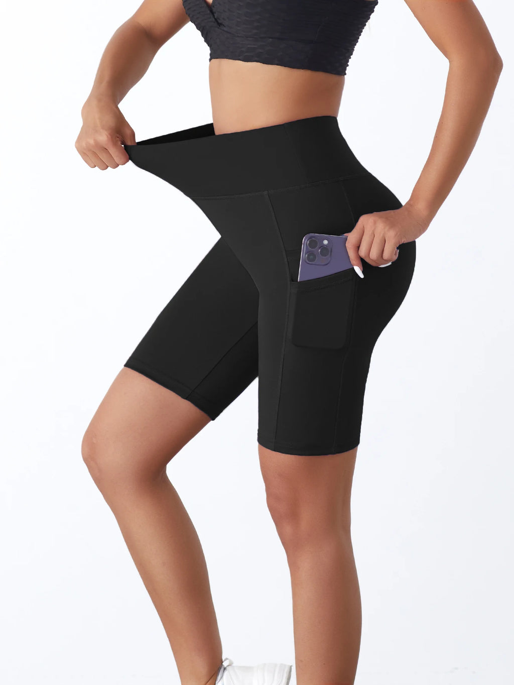High-Waist Solid Color Yoga Shorts Abdomen Lifting Casual Sports Shorts with Double Layer Side Pockets Fashionable Streetwear