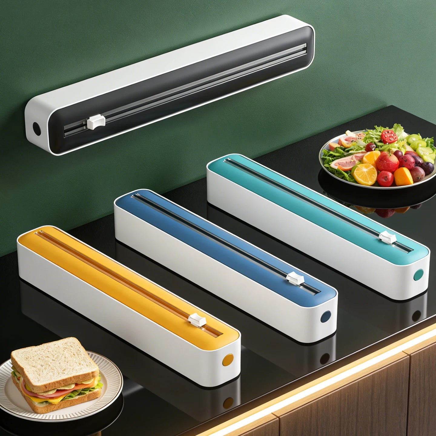 Plastic Wrap Cutter, Available in Four Colors with Accessories, Wall-Mountable, Suitable for Kitchens and Dining Rooms.