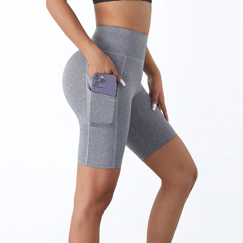 Side Pockets Solid Color Women Yoga Shorts Jogging Running Fitness Sportswear High-waist Sporty Shorts Skinny Shorts