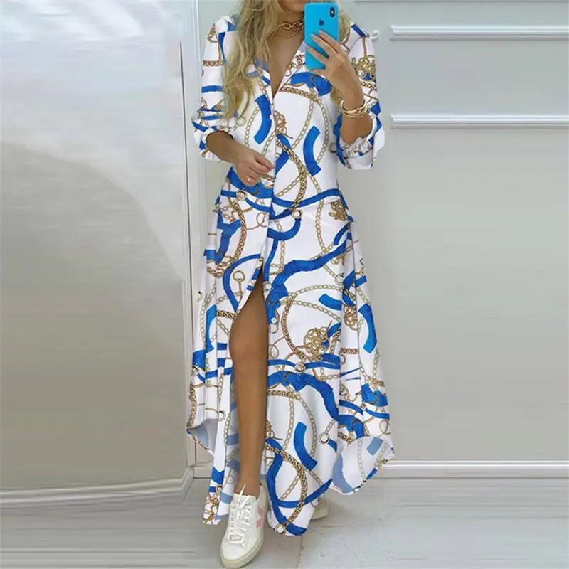 Jo Boho Print Turn-Down Collar Maxi Dress