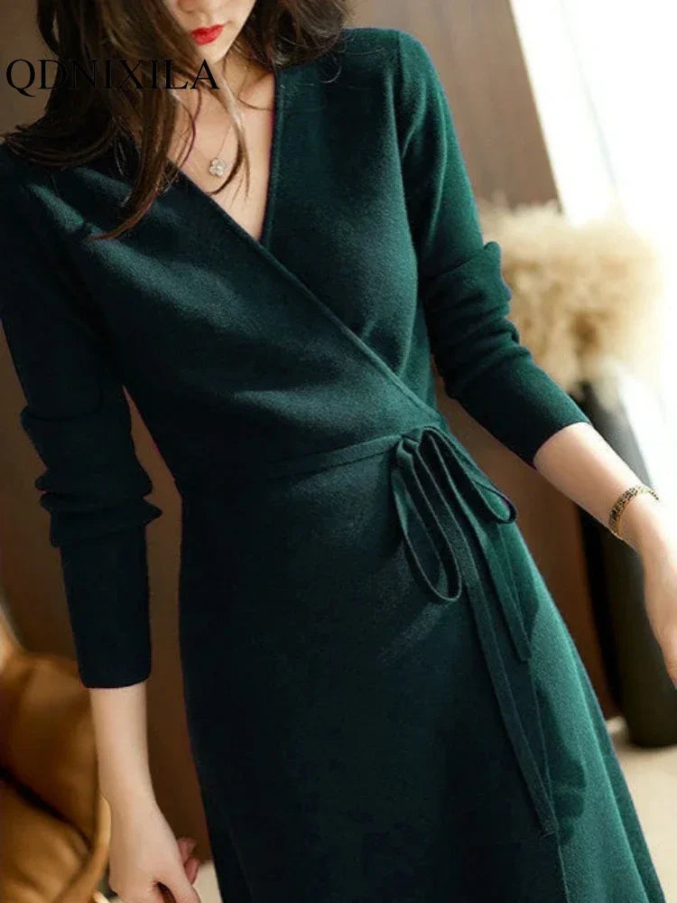 Jo Autumn Winter Sweater V-neck Wrap Up Dress