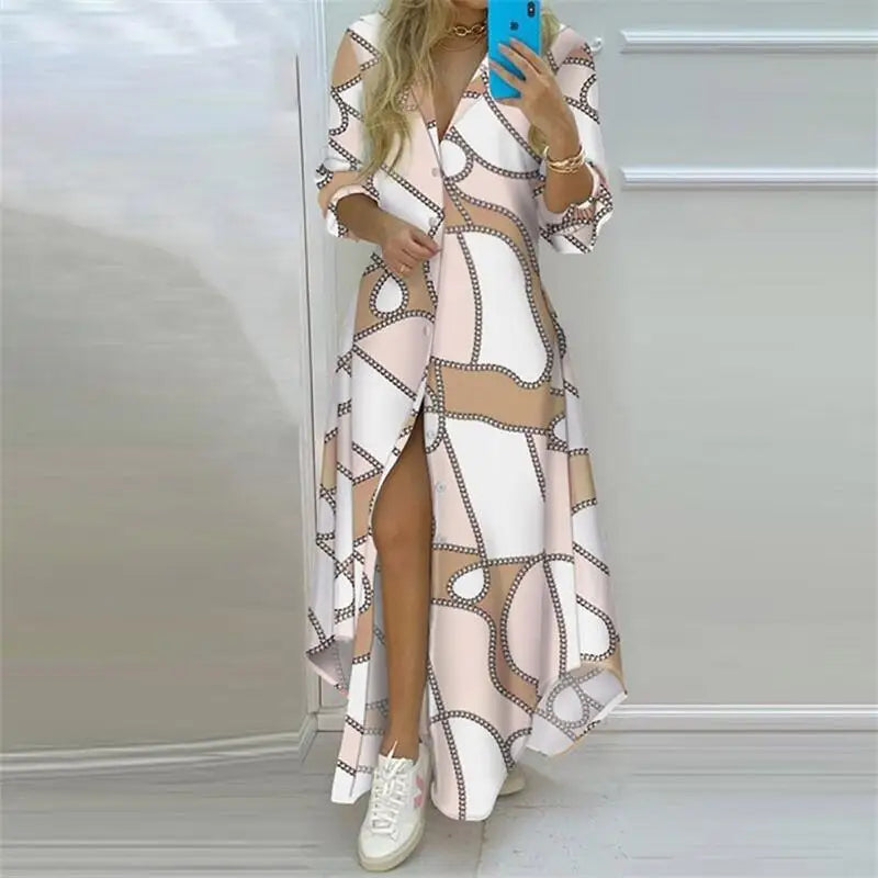 Jo Boho Print Turn-Down Collar Maxi Dress