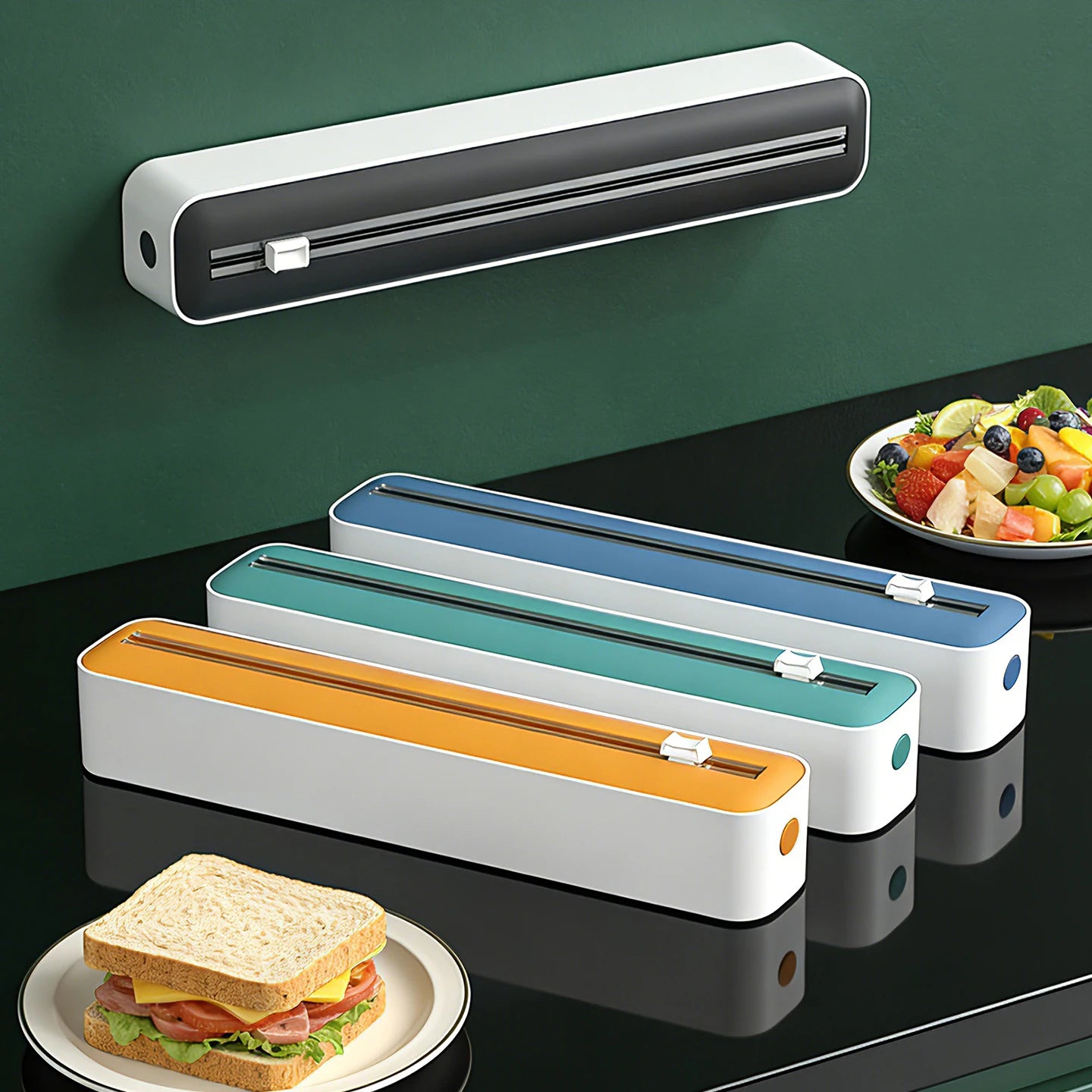 Plastic Wrap Cutter, Available in Four Colors with Accessories, Wall-Mountable, Suitable for Kitchens and Dining Rooms.