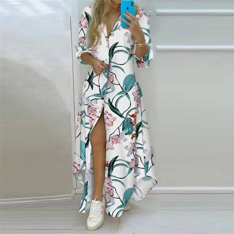 Jo Boho Print Turn-Down Collar Maxi Dress
