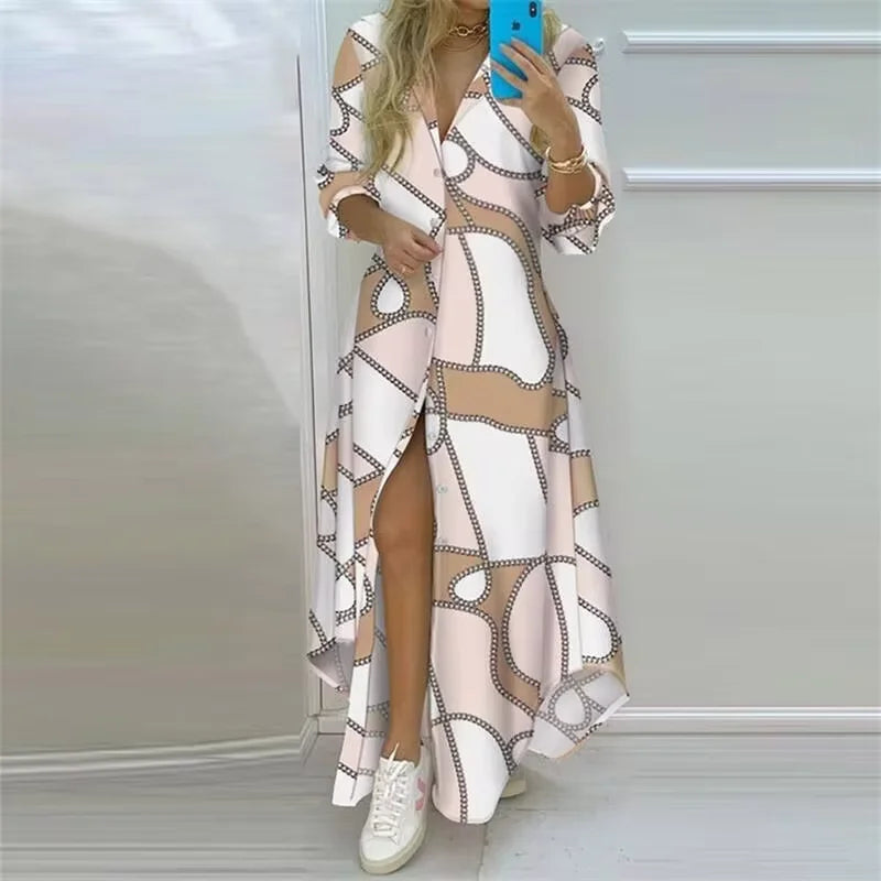 Jo Boho Print Turn-Down Collar Maxi Dress