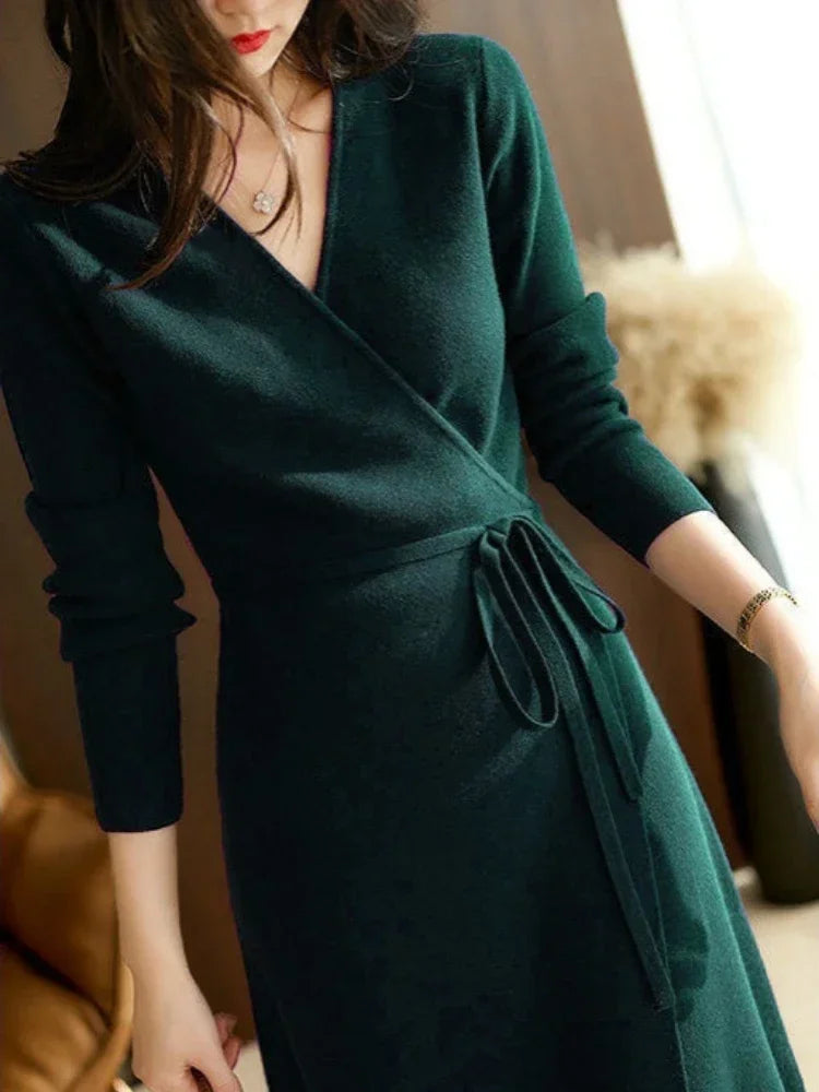Jo Autumn Winter Sweater V-neck Wrap Up Dress