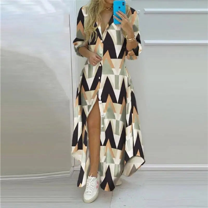 Jo Boho Print Turn-Down Collar Maxi Dress