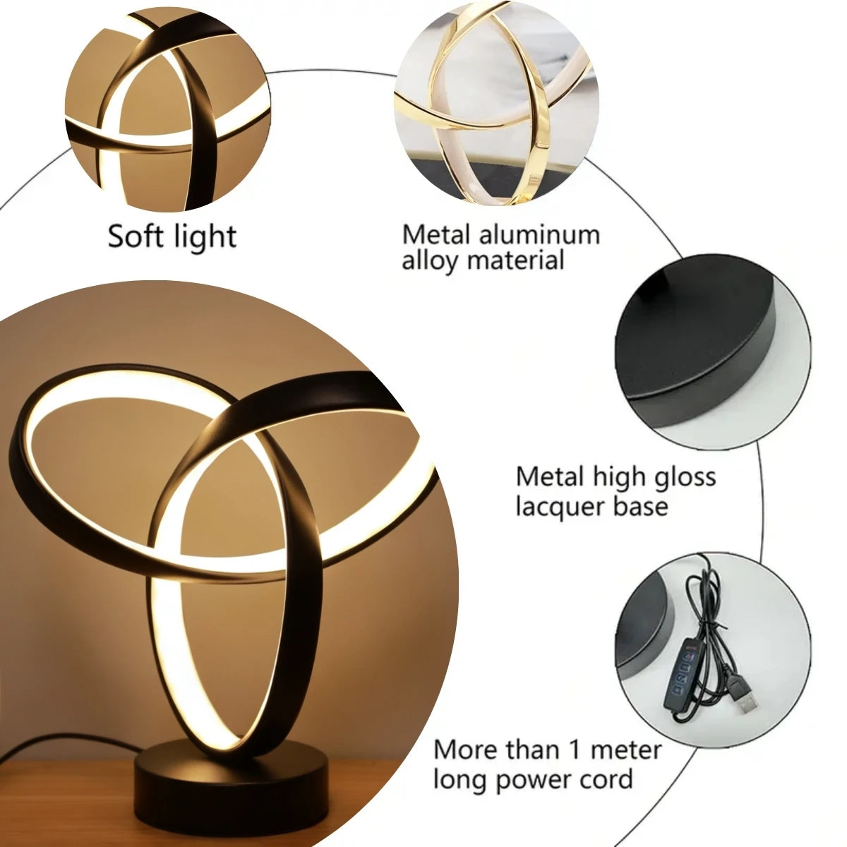 USB Creative Modern Art Desk Lamp Tri Color Lighting Suitable for Bedroom, Living Room, Office, Bedside and Other Scenes
