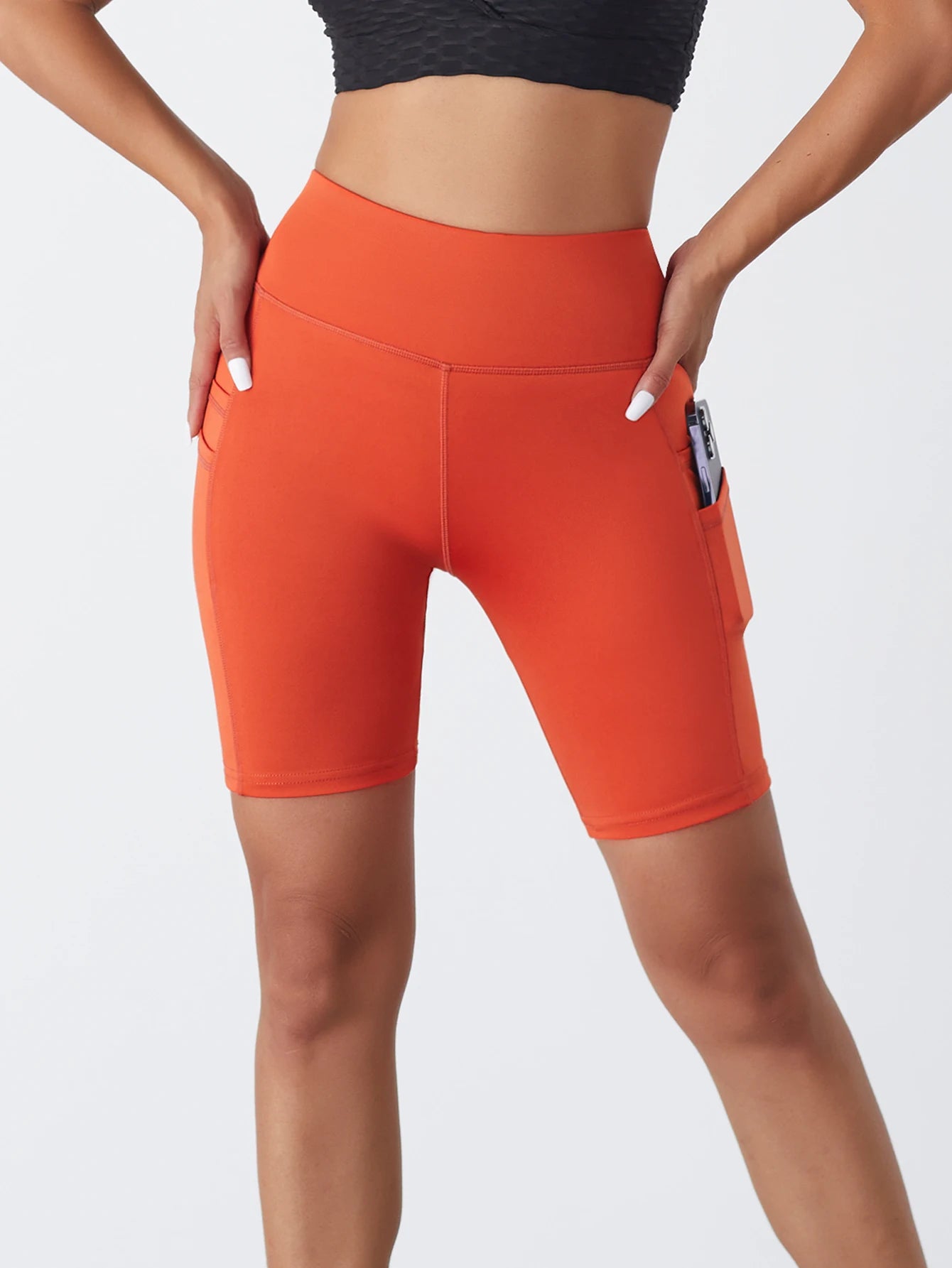 High-Waist Solid Color Yoga Shorts Abdomen Lifting Casual Sports Shorts with Double Layer Side Pockets Fashionable Streetwear